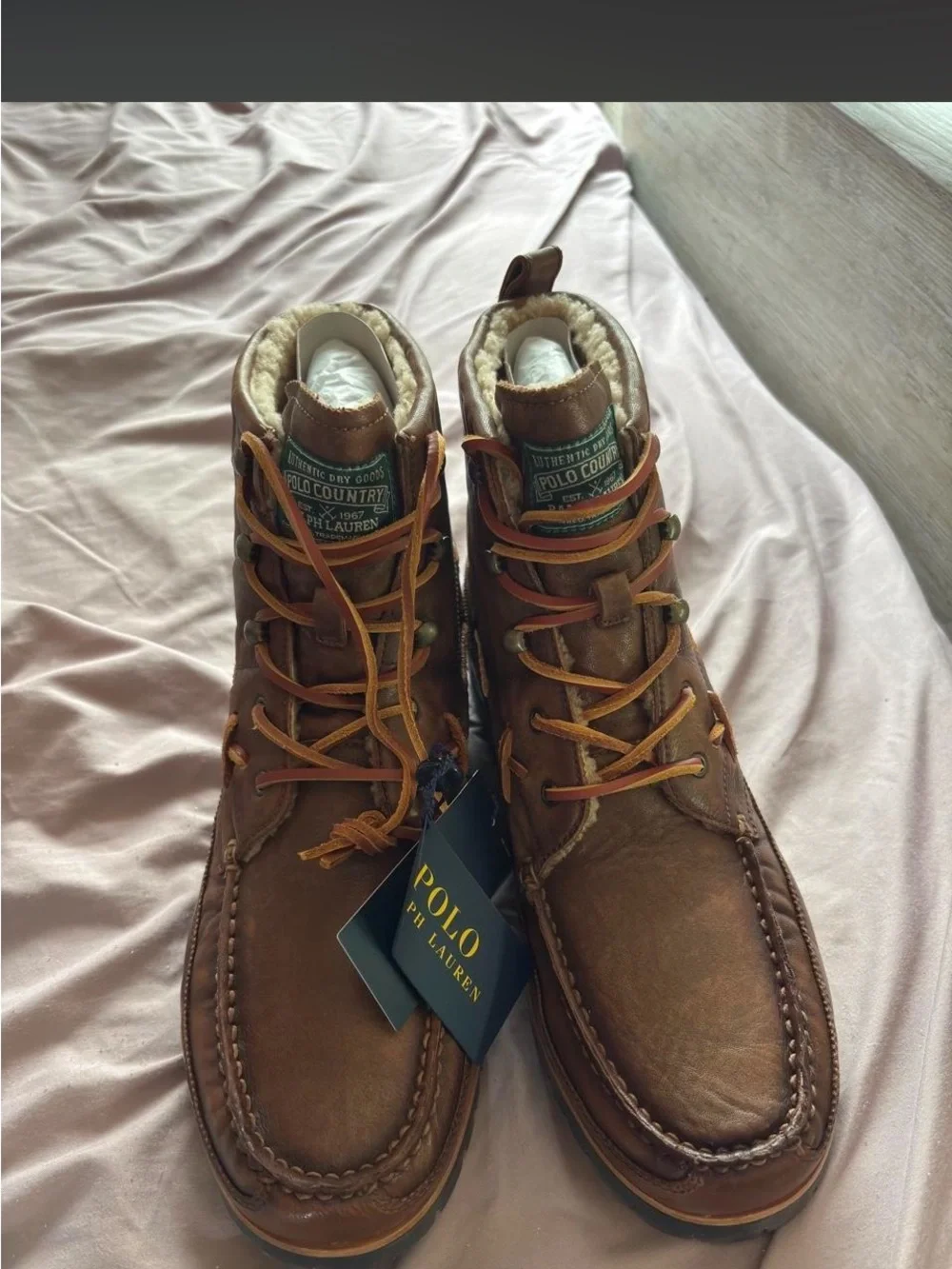 Ralph Lauren Brown Leather Boots with Shearling Collar